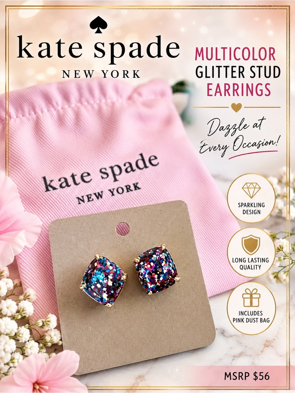 Kate Spade Multicolor Square Glitter Stud Earrings | Gold Setting - Dust Bag